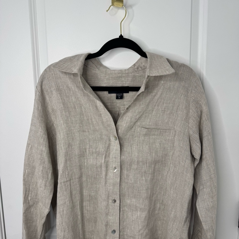 Karen Kane tan linen Casual Button Down long sleeve dress medium - Picture 2 of 9